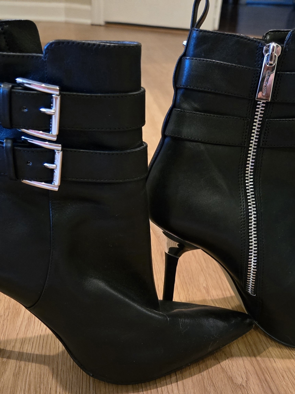 Michael Kors Black Pointed Stiletto Ankle Boots with Buckles
